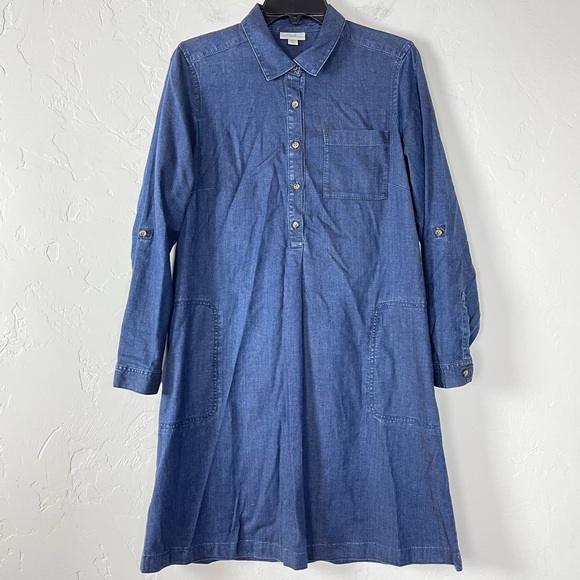 J‎ Jill Dress Denim Jean Shirt Button Down Front Chambray Dark Blue Wash Knit - Picture 1 of 8